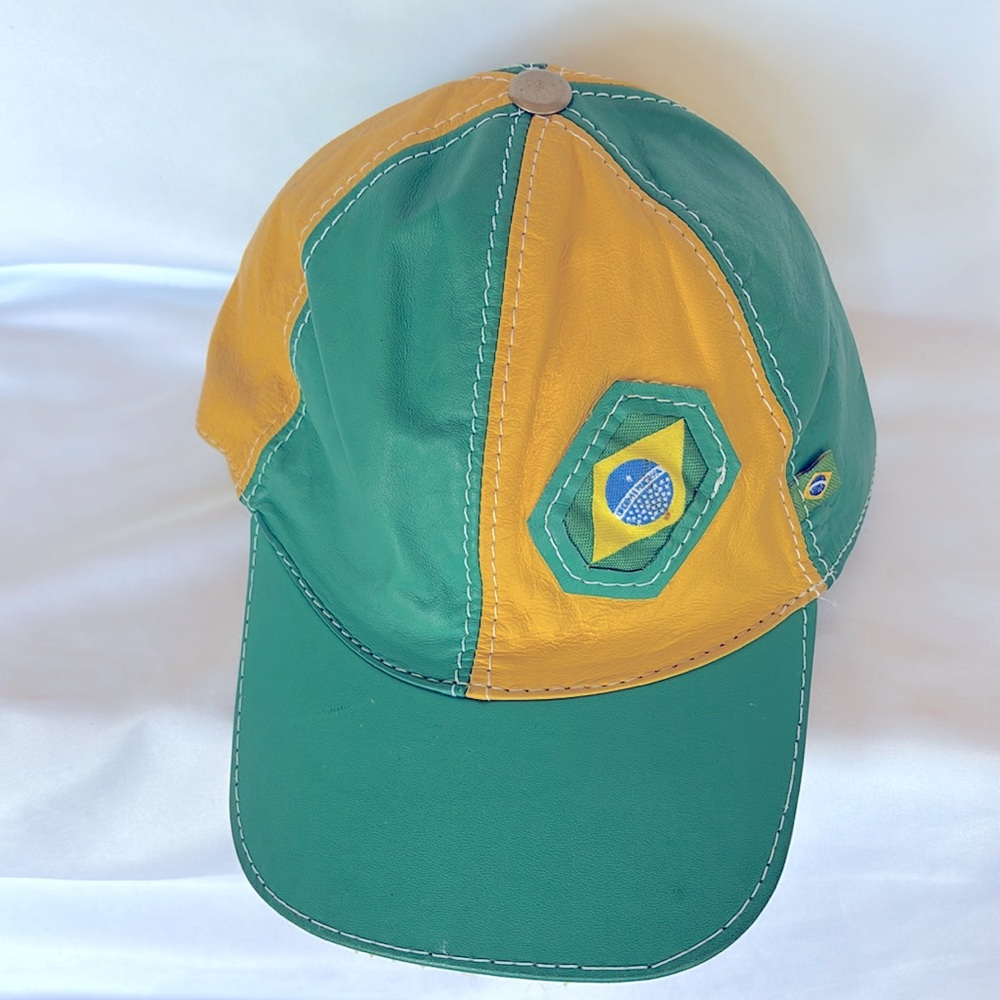 VINTAGE 2002 TOMBOY LEATHER BASEBALL HAT . Brazil Flag Green and Yellow Cap O/S